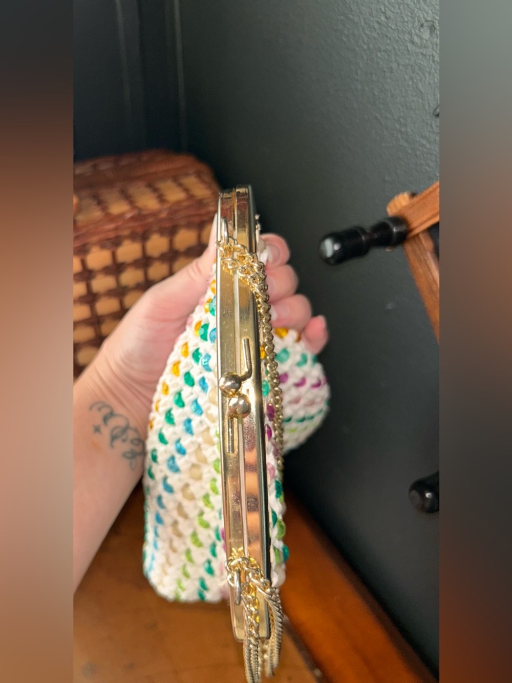 White Crochet Kisslock Mini Bag with Multicolor Bead Accents and Gold Chain - Picture 8 of 15